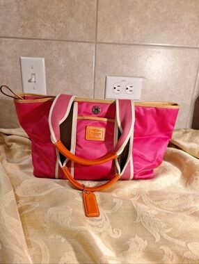 Vintage Coach Bright Pink Tote Bag with Orange Trim